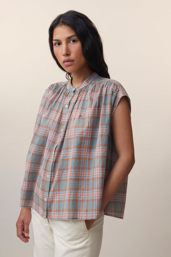 Camicia check caramello/azzurro polvere