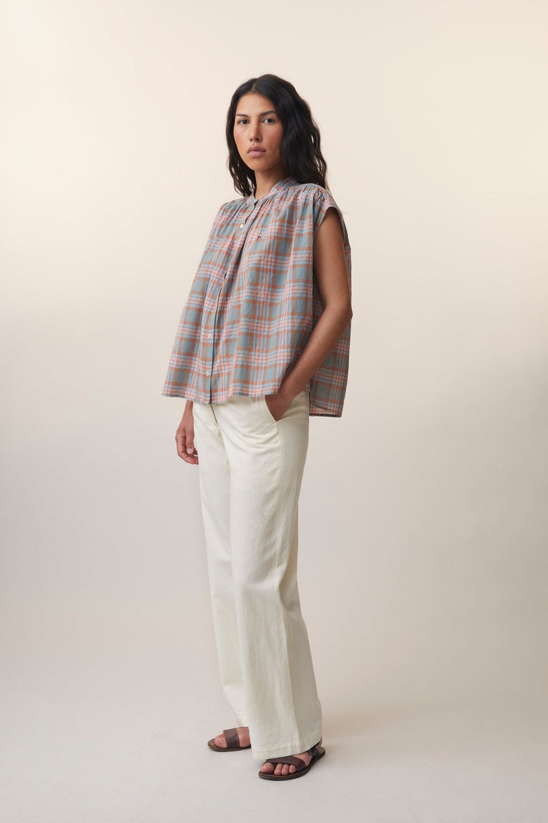 Camicia check caramello/azzurro polvere